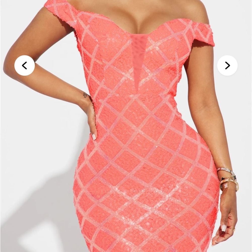 Elegant Sequin Coral Off-Shoulder Dress - Picture 2 of 10
